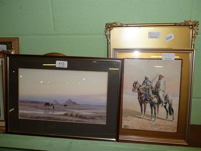 Lot 413 - A watercolour of the Pyramids at Giza, another watercolour of pyramids and a print of two Arabs...