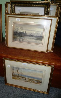 Lot 424 - A print of an interior scene, watercolour of a river signed M Snape, a watercolour of cottages...