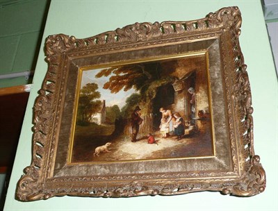 Lot 428 - Attributed to John Anthony Puller (fl.1821-1867)Mother and children, beside a cottage door, Oil...