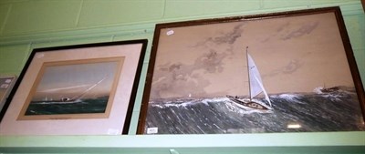 Lot 431 - Framed watercolour of a yacht signed Hunter Wood, New York and a watercolour of a racing yacht...