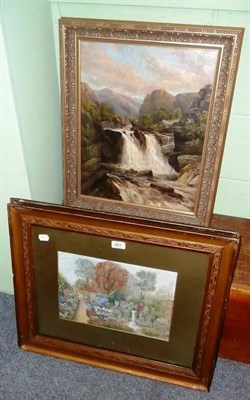 Lot 451 - Two watercolours of gardens and an unsigned Victorian oil of a waterfall (3)