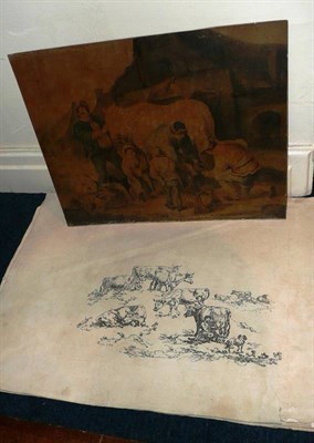 Lot 458 - Peter C Wonder, farriery scene watercolour, unframed and a complete set of six etchings by...