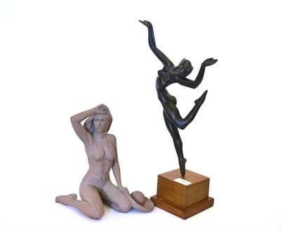 Lot 796 - An Art Deco Patinated Spelter Nude Figure, modelled as a dancer, on a stepped oak base, 43cm; and A