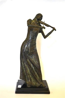 Lot 798 - A Patinated Bronze Figure, modelled as a female violinist, stamped in cast K.Y.Z, on a black...