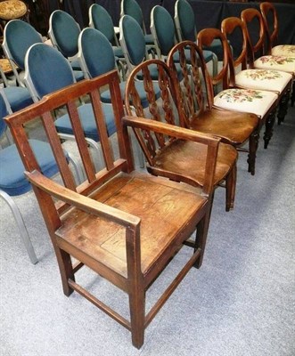 Lot 525 - Two oak country chairs, a panelled oak chair and four Victorian balloon-back dining chairs