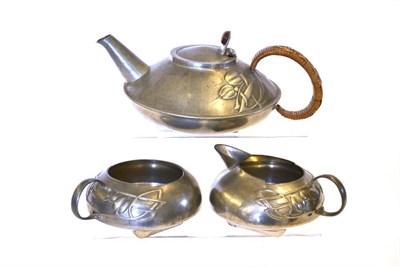 Lot 802 - A Liberty & Co  "Tudric " Pewter Three Piece Tea Service, designed by Archibald Knox, model...