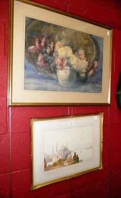 Lot 649 - Large still life watercolour and another watercolour of a mosque