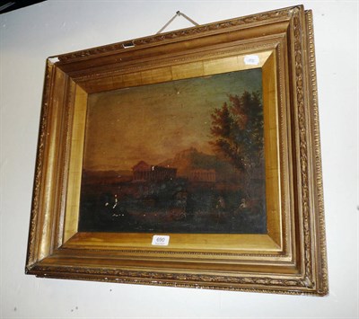 Lot 690 - 19th century oil painting of Roman ruins in an Italianate landscape with figures in foreground