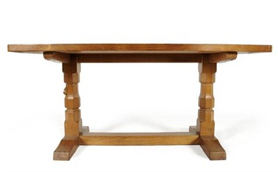 Lot 821 - A Robert  "Mouseman " Thompson Oak 5' Four Plank Dowelled Top Refectory Table, on two octagonal...