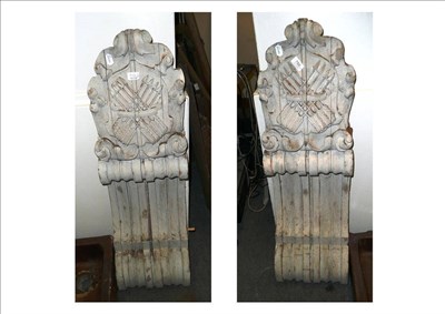 Lot 750 - A pair of carved pine corbels, garden implements, tracery, curtain pole and garden implements