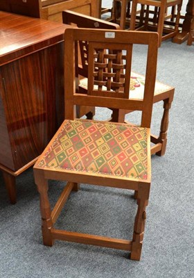 Lot 824 - A Robert  "Mouseman " Thompson Oak Lattice Back Dining Chair, on turned octagonal front legs,...