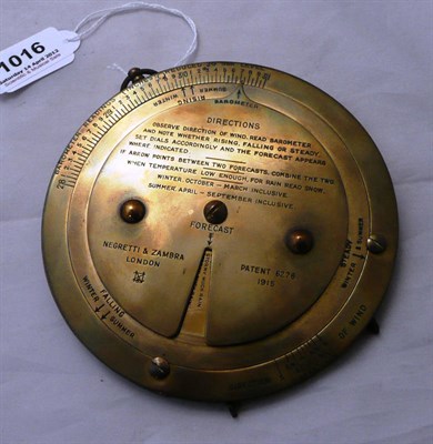 Lot 1016 - A Negretti & Zambra Lacquered Brass Patent Weather Forecaster, circa 1915, patent no.6276,...