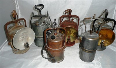 Lot 1047 - Six Miners Acetylene Lamps, including three The Premier Lamp Engineering Co., Leeds, the others...