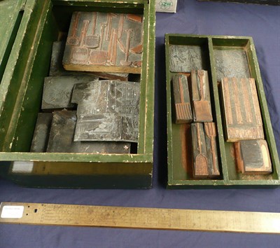 Lot 1064 - A 19th Century 24inch Brass Scale Rule, together with a box of pictorial printing blocks