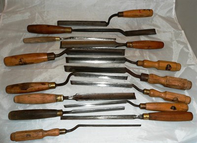 Lot 1067 - Fourteen Pattern Makers Gouges, eleven with cranked tangs, three with straight tangs, various...