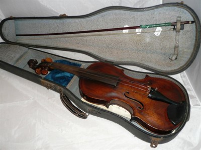 Lot 1078 - A 19th Century Irish Violin, labelled 'Brady Arran 1834', with 356mm one piece back, boxwood tuning