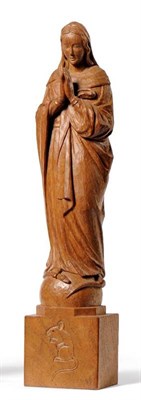 Lot 834 - A Robert  "Mouseman " Thompson Carved Oak Statue of Mary Stepping on a Snake, with recessed...