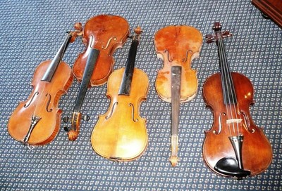 Lot 1118 - Five Mixed Violins, comprising  four 3/4 size and one full size, labelled Edward Fairson...