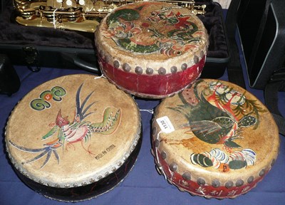 Lot 1130 - Three Chinese Opera Drums, with wooden bodies and painted skins, all 26cm diameter