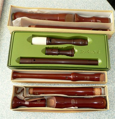 Lot 1136 - Three Schott's Wooden Recorders - Tenor, Treble and Soprano, in original card boxes; A Boxed...