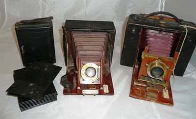 Lot 1157 - Three Folding Plate Cameras:- No.4 Cartridge Kodak with polished mahogany interior, tapered red...