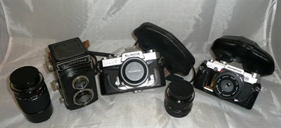 Lot 1160 - Cameras and Accessories, including an Olympus OM-30 with f1.8/50mm lens, in leather case,...