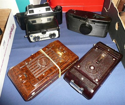 Lot 1181 - Four Bakelite Cameras - Coronet 3-D with binocular viewfinder, No.2 Hawkette, Soho Cadet and...