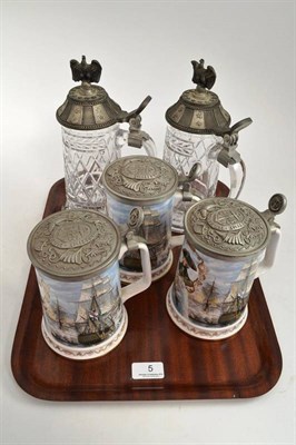 Lot 5 - Three Royal Worcester commemorative tankards and two glass and pewter lidded tankards (5)