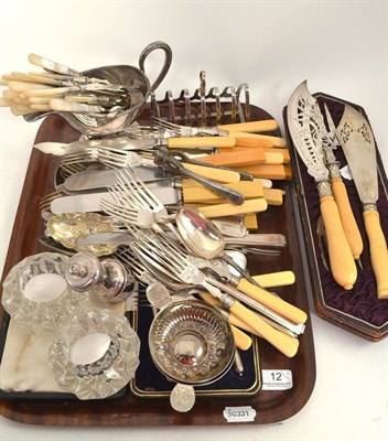 Lot 12 - A quantity of silver plated flatware including two pairs of fish servers, various fruit and...