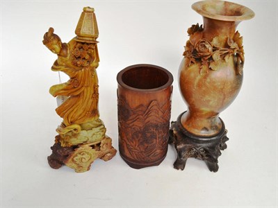 Lot 24 - A soapstone vase, a soapstone figure and a bamboo brush pot