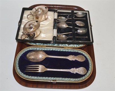 Lot 30 - Victorian silver spoon and fork in a fitted case, set of six silver teaspoons and a pair of...