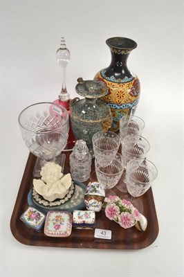 Lot 43 - A tray of decorative ceramics etc including Wedgwood urn, red glass bell, wine glasses, trinket...