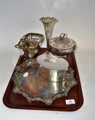 Lot 45 - Silver spill vase, plated salver, oval biscuit box, pedestal bowl and cover etc