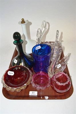Lot 51 - Tray of glass ware including white decanter, four swans, blue tankard, green decanter, two...