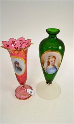 Lot 54 - Two Bohemian coloured glass vases with lady's portraits