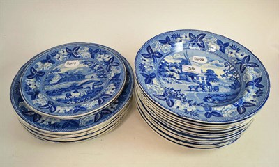 Lot 59 - Blue and white 'British Scenery' pottery including thirteen soup dishes, eight plates and two...