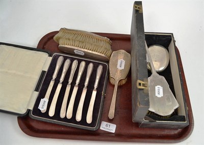 Lot 61 - Oval silver table snuff box, cased silver handled knives, four silver backed brushes and comb