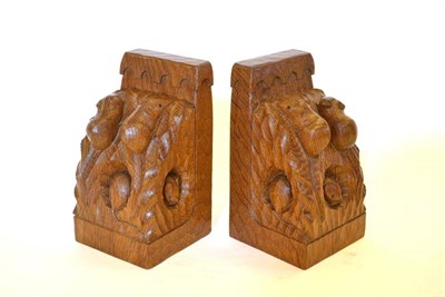 Lot 854 - A Pair of Robert  "Mouseman " Thompson Triple Mice Bookends, each end carved with three mice,...