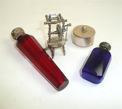Lot 74 - Cranberry glass scent bottle, faceted blue glass scent flask with silver mount, miniature...