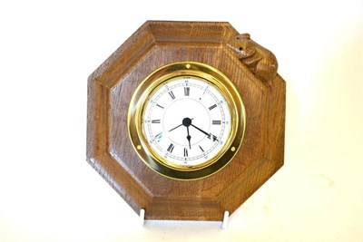 Lot 855 - A Robert  "Mouseman " Thompson Octagonal Oak Wall Clock, with carved mouse signature, 19cm (modern)