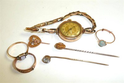 Lot 90 - A lady's 9ct gold wristwatch, two dress rings, 9ct gold ring and three stick pins