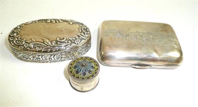 Lot 98 - Silver cigarette case, silver oval box and a '930' circular box stamped 'MH9305'