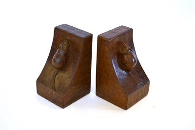 Lot 859 - A Pair of Robert  "Mouseman " Thompson Oak Single Mouse Bookends, each with carved mouse signature