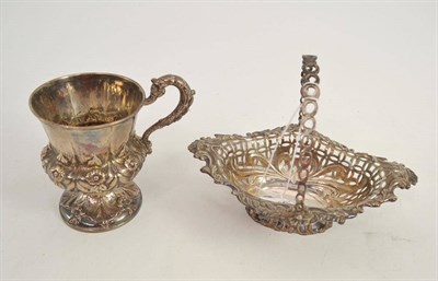 Lot 132 - Embossed Georgian silver pedestal mug of foliate design and an oval pierced silver bonbon dish with