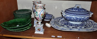 Lot 138 - Three green glaze oval two-handled dishes, various green glaze plates, blue and white pottery, meat