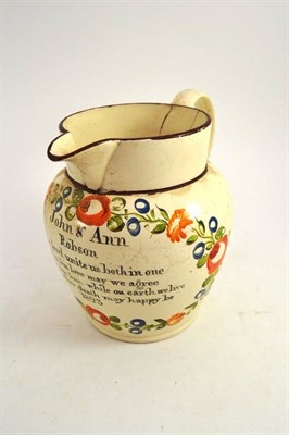Lot 185 - Creamware named jug 'John and Ann Robson, 1823'