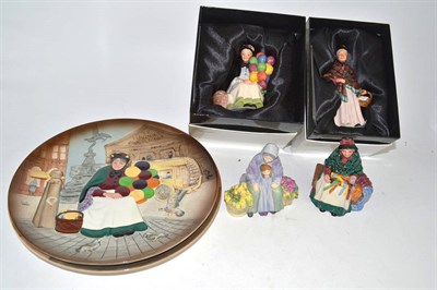 Lot 187 - Four Doulton miniature china figures and two plates