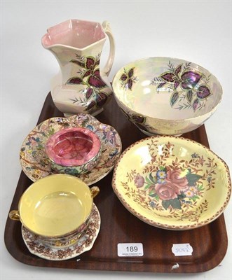 Lot 189 - Tray of assorted Maling pottery including a pottery jug and bowl, ashtrays, sundae dish etc