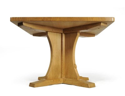 Lot 866 - A Robert  "Mouseman " Thompson Five Plank Square Oak Dining Table, on cruciform base, with...