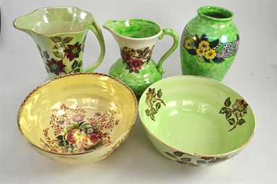 Lot 191 - Two Maling pottery green glaze bowls, two jugs and a vase (5)